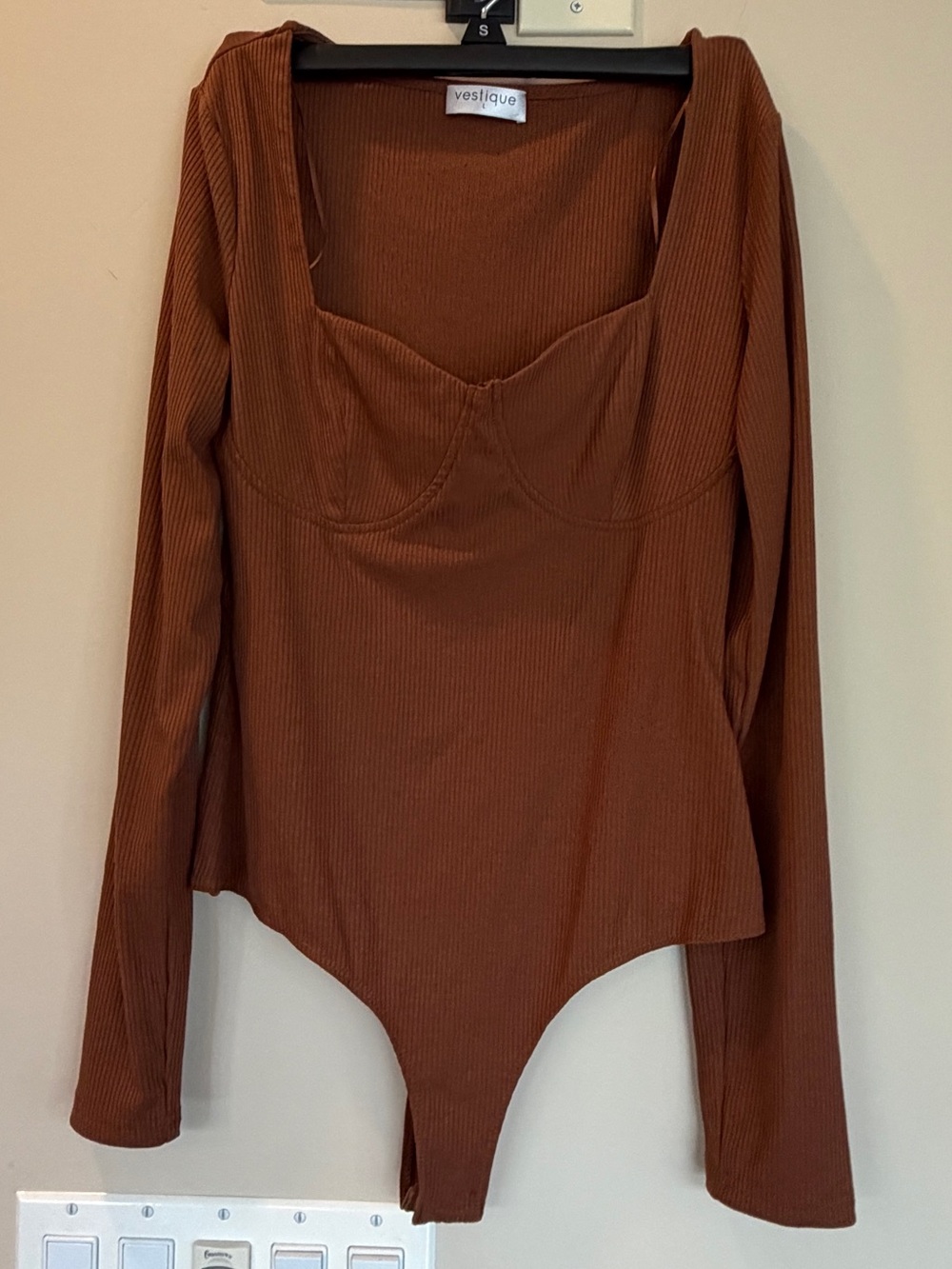 Vestique Brown Ribbed Sweet Tooth Long Sleeved Bodysuit